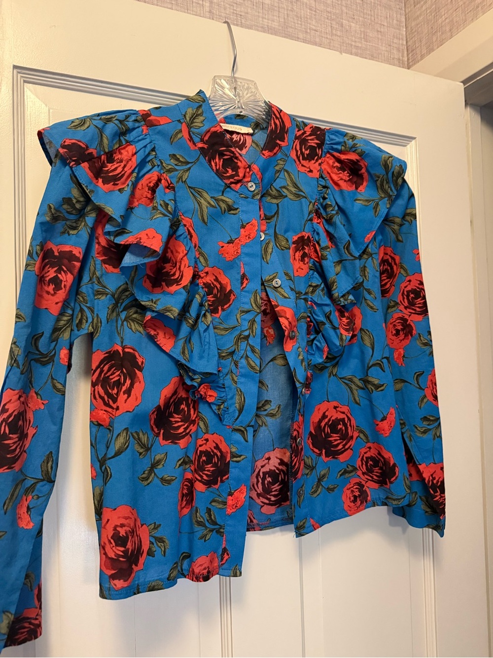 Olivaceous Blue Blouse with Red Rose Print